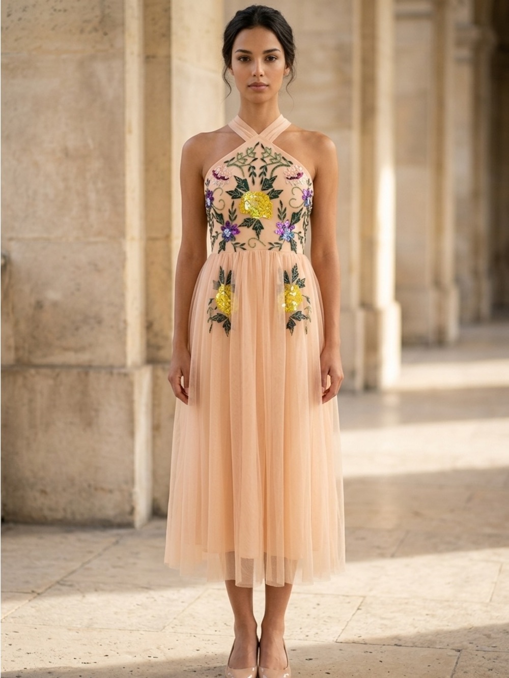 Floral Embroidered dress Sz 6 S Ballerina Tulle Sequins Beads Wedding Party
